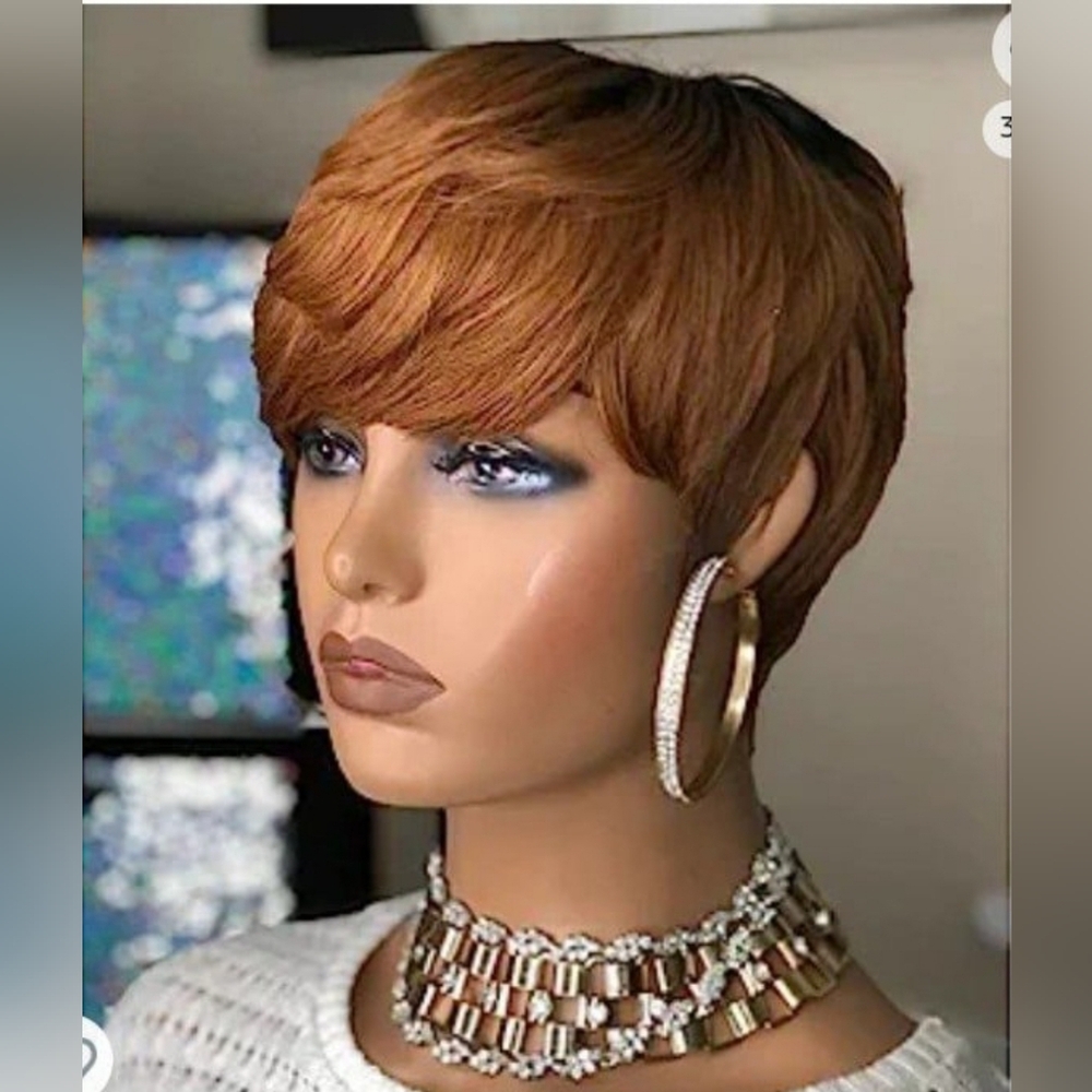 100% Unprocessed Human Hair Ombre Brown Pixie Cut Bang Wig